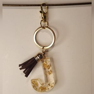 4” Handmade Letter “J” Resin Gold Leaf Tassel Keychain